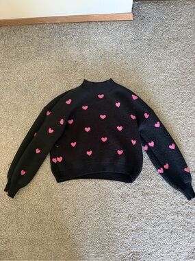 Black Crewneck Sweater with Pink Heart Motif - Women's Cozy Pullover